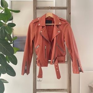 All Saints Balfern biker leather biker jacket in rosewood pink